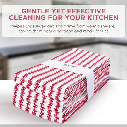 Candy Cottons Stripe Kitchen Dish Towels With Hanging Loop - Boho Absorbent Festive Gift Set of 6 - Reusable 18x28 Inch Pantry Decor - Trendy Spring French Red
