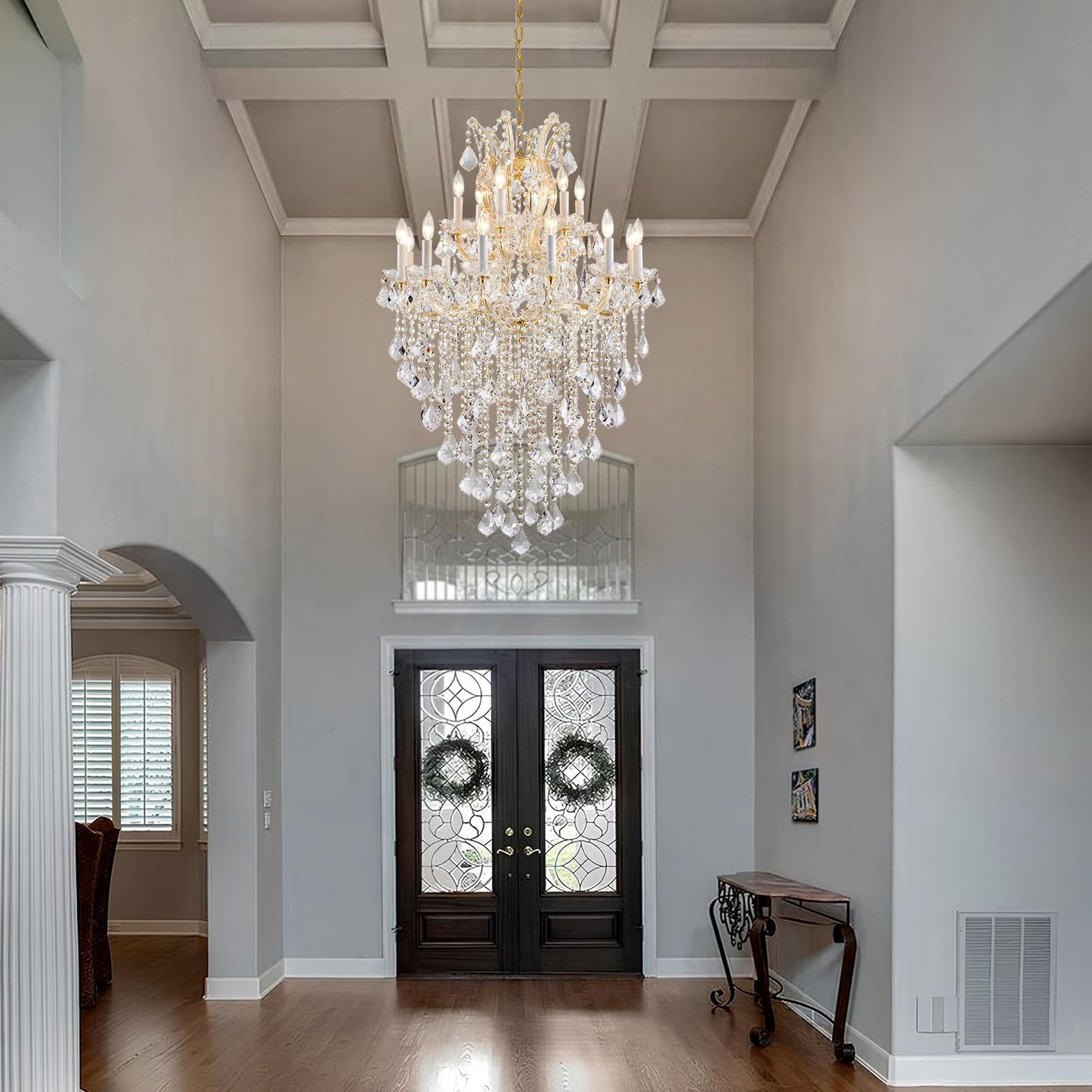 DUNFIZZ Large Modern Gold Crystal Chandeliers 18-Light Foyer Chandelier for High Ceiling Maria Theresa Crystal Chandelier Light Fixture for Living Room Staircase Entryway Hallway, H45 x W31
