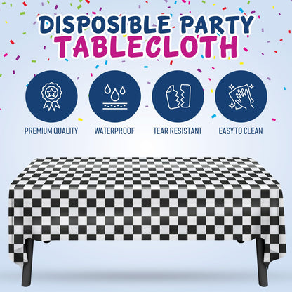 Clearly White and Black Checkered Plastic Tablecloth Roll with Cutter, 423 Sq.Ft (52"x1181") Extra Large Disposable Plastic Table Cloth for Parties, Events and Outdoor Gatherings