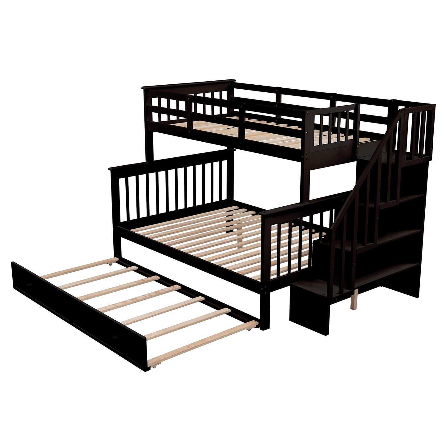 Ball & Cast Twin-Over-Full Bunk Bed with Twin Size Trundle and Storage Ladder,Wood Bunkbed w/Slat Support & Full-Length Guard Rail,Space Saving,Bedframe Furniture for Student Dorms,Studio,Espresso