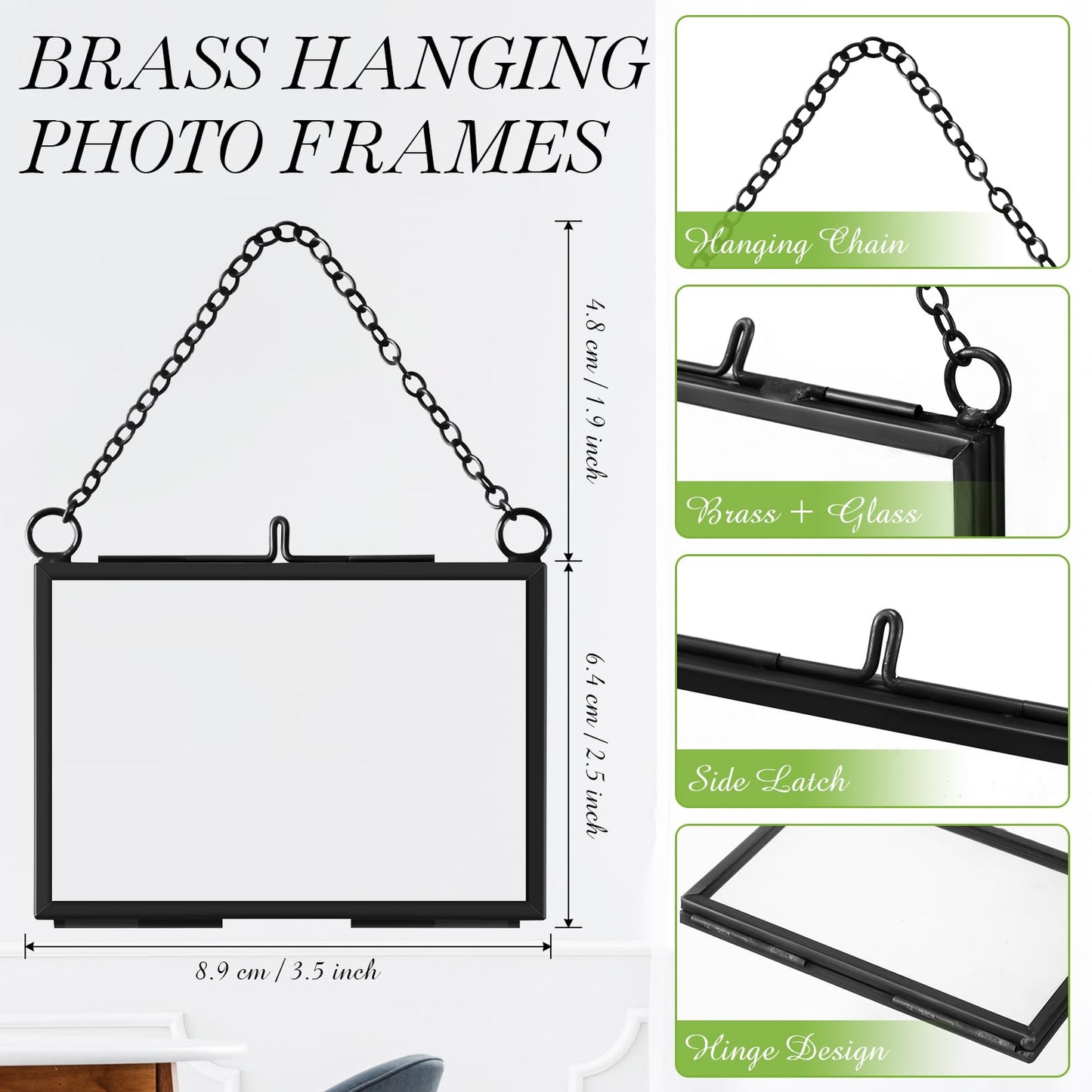 Thyle 8 Pieces Pressed Flower Frames, 3.5 x 2.5 Inch Wall Hanging Double Glass Picture Frames with Chain, Clear Floating Display for Dried Flowers Plants Wall Decor Artwork DIY Family Photo