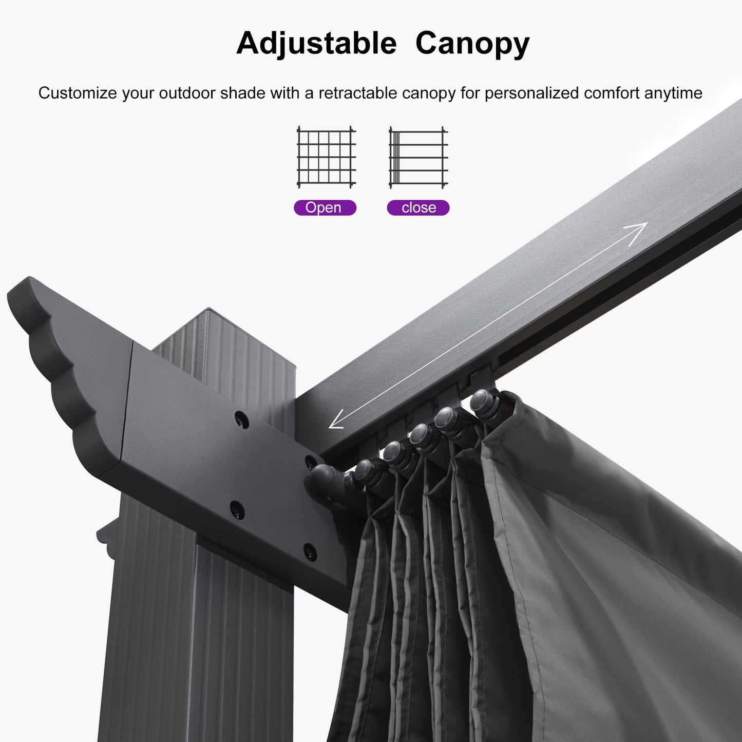 PURPLE LEAF 10' X 10' Outdoor Retractable Pergola with Sun Shade Canopy Patio Metal Shelter for Garden Porch Beach Pavilion Grill Gazebo Modern Yard Grape Trellis Pergola, Gray