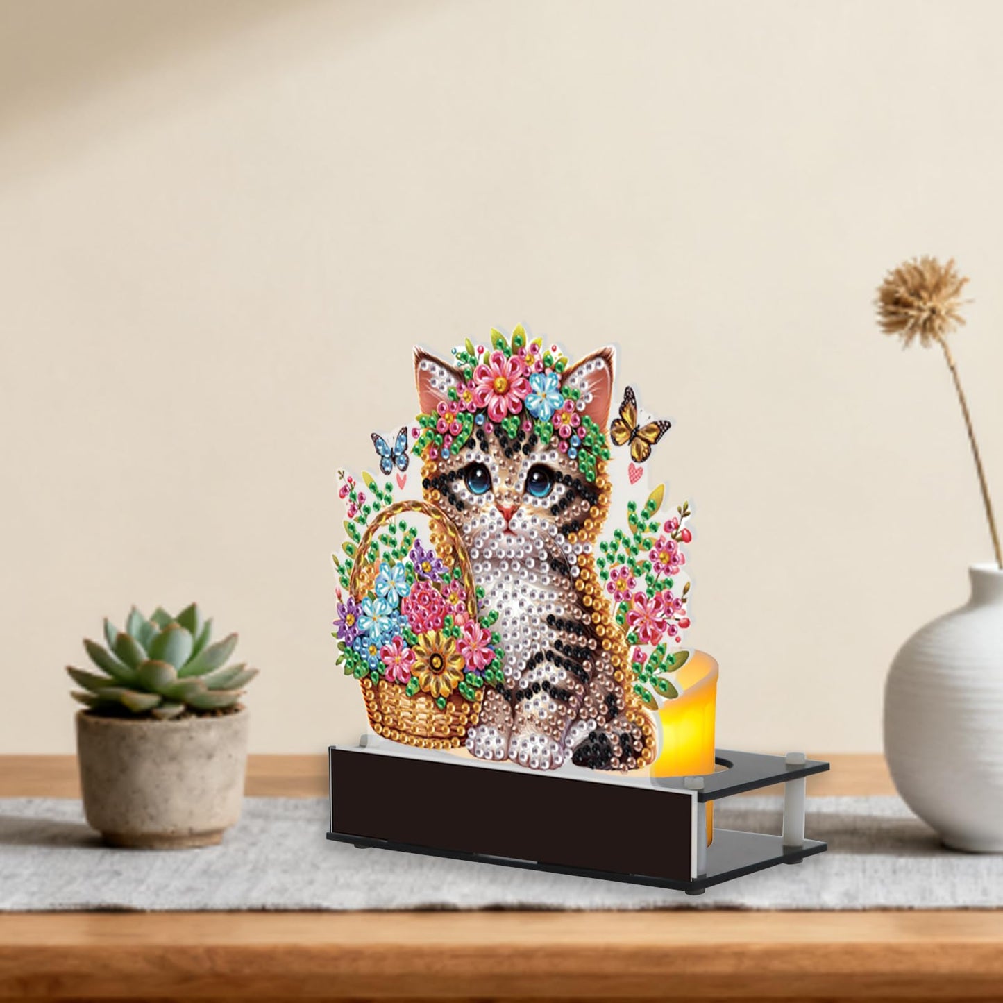 JISHSHAY Diamond Art Candle Holder Cat Diamond Painting Candlestick Holders Animal Gem Painting Candle Stand Flower Gem Art Candleholders Embroidery Kit Mosaic Kits for Adults Desktop Decoration