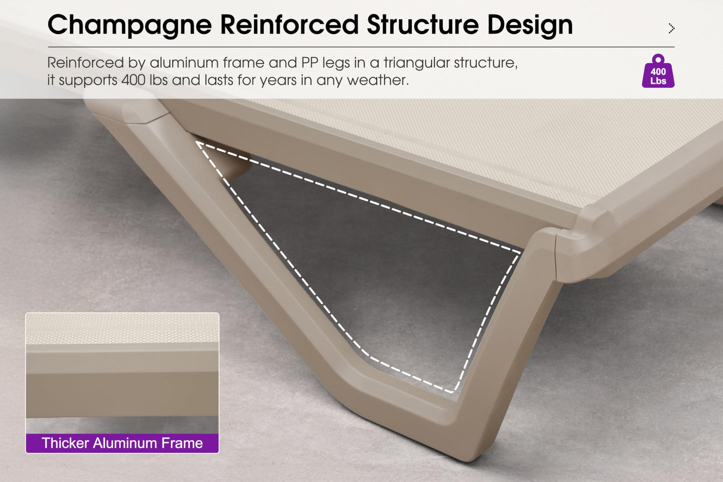PURPLE LEAF Outdoor Chaise Lounge Chair Set of 2 Pool Lounge Chair with Champagne Aluminum Plastic Stackable Patio Lounge Chair for Poolside Sunbathing Beach Deck Yard, Beige