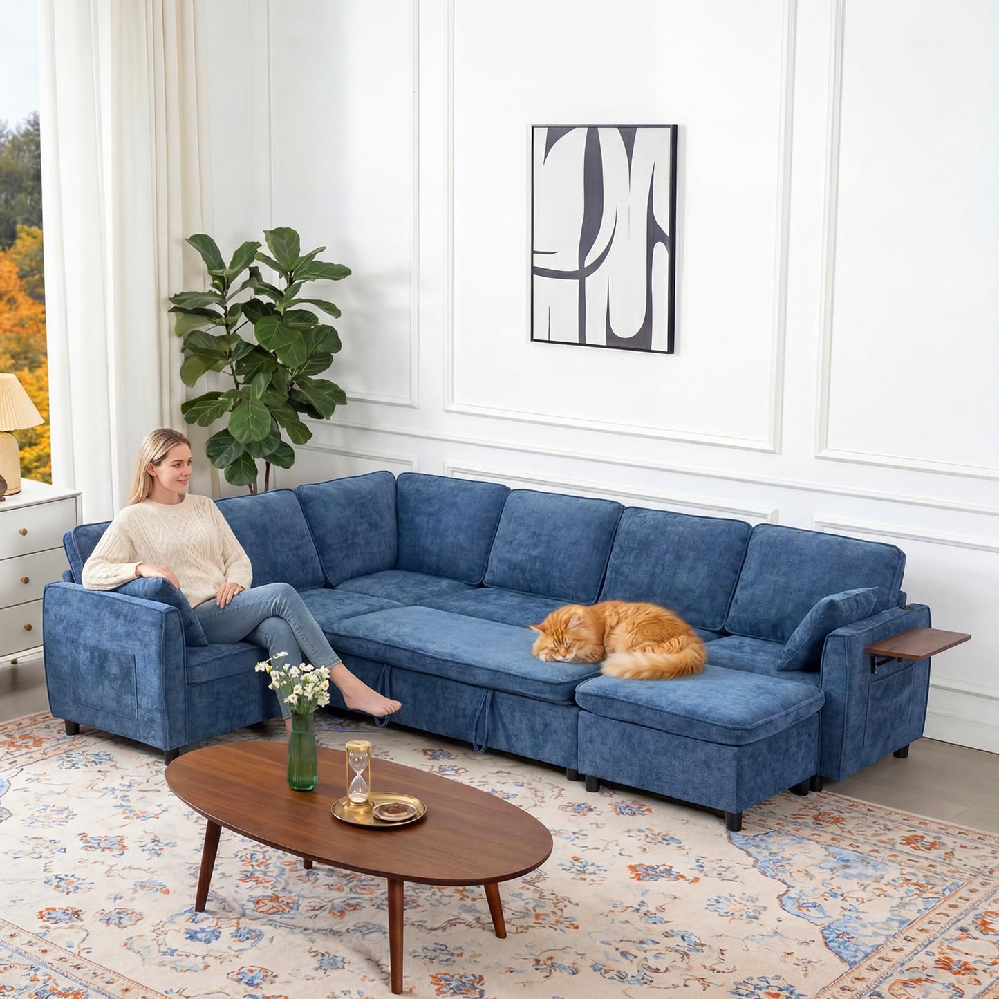 Modular Sectional Couch with Pull Out Sofa Bed, 116" U Shaped Modular Cloud Sofa Set with Ottoman, Charging Port & Foldable Side Table, 7 Seater Comfy Chenille Sleeper Couch for Living Room, Blue