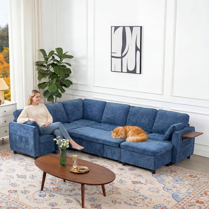 Modular Sectional Couch with Pull Out Sofa Bed, 116" U Shaped Modular Cloud Sofa Set with Ottoman, Charging Port & Foldable Side Table, 7 Seater Comfy Chenille Sleeper Couch for Living Room, Blue