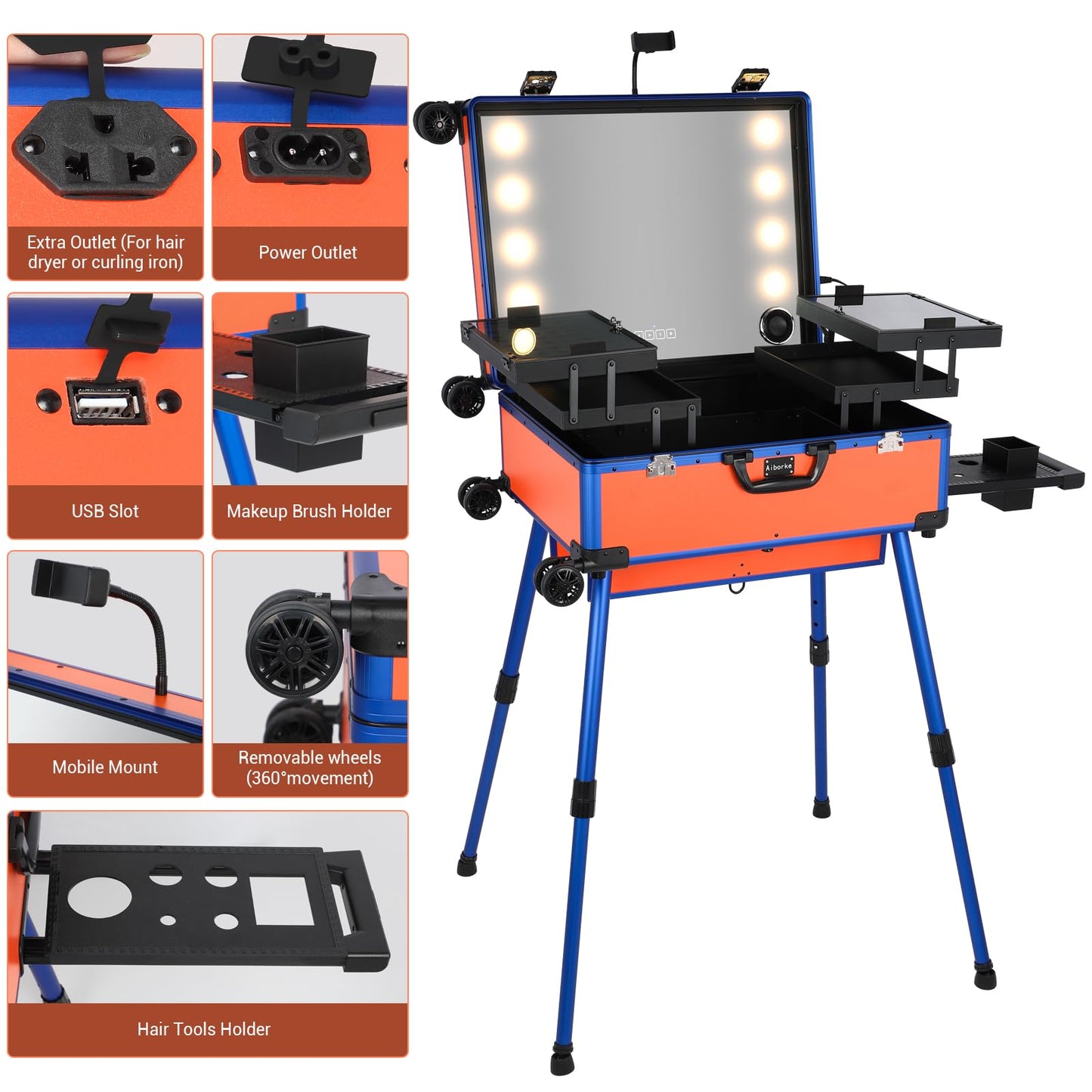 Aiborke Rolling Makeup Train Case with Lighted Mirror and Bluetooth Speaker Professional Cosmetic Organizer Case with Wheels, Stands Portable Makup Station Vanity for Travel (Orange, Medium)