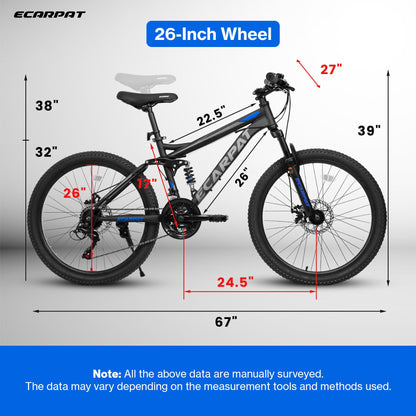 Ecarpat Full Suspension 26 Inch Mountain Bike, 21-Speed Mountain Bicycle with Disc Brake, Carbon Steel Frame, Trail Commuter City MTB Bike