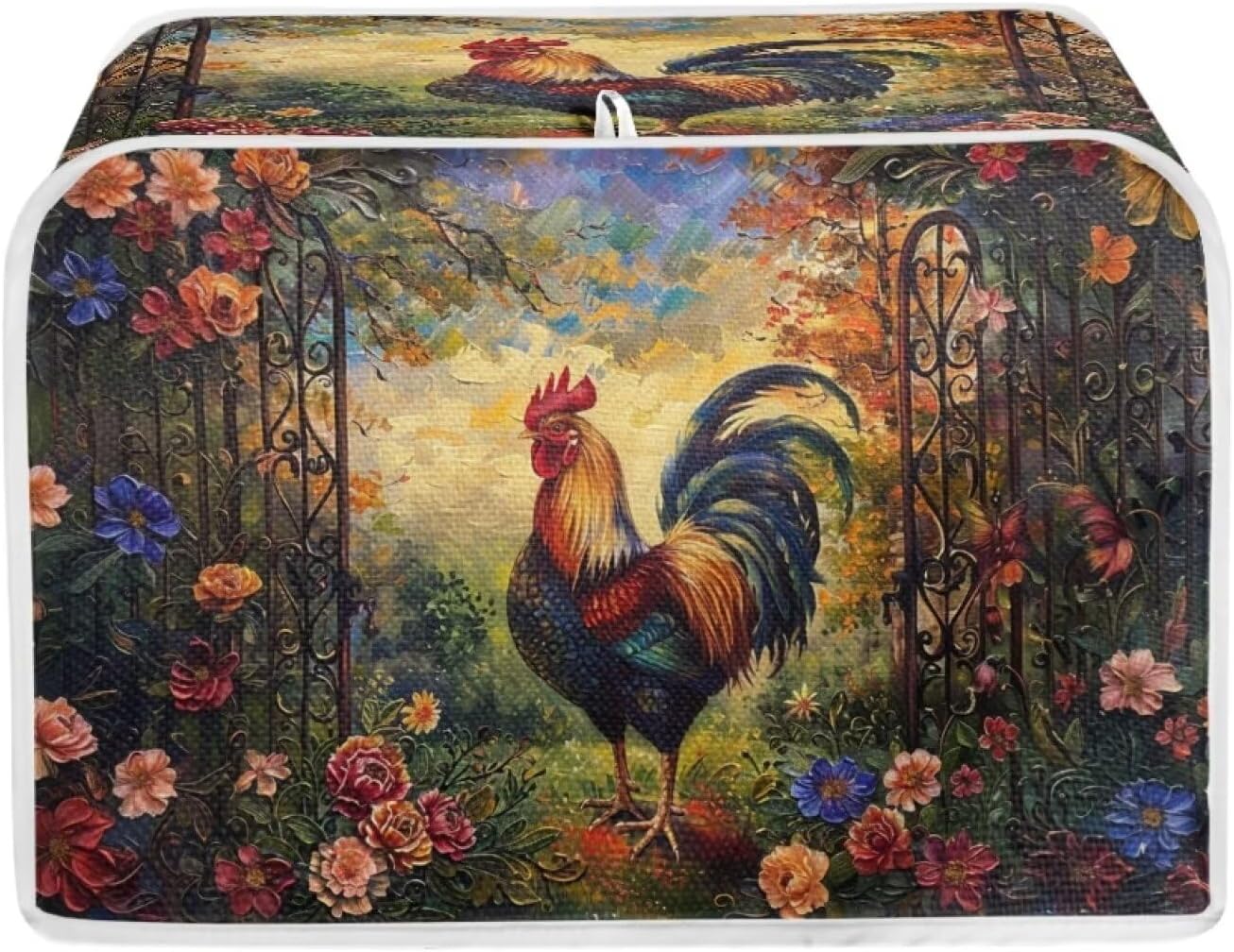 Rooster Flower Toaster Cover, 2 Slice, Brown Washable Dustproof Bread Maker Protector, Kitchen Appliance Gift for Mom