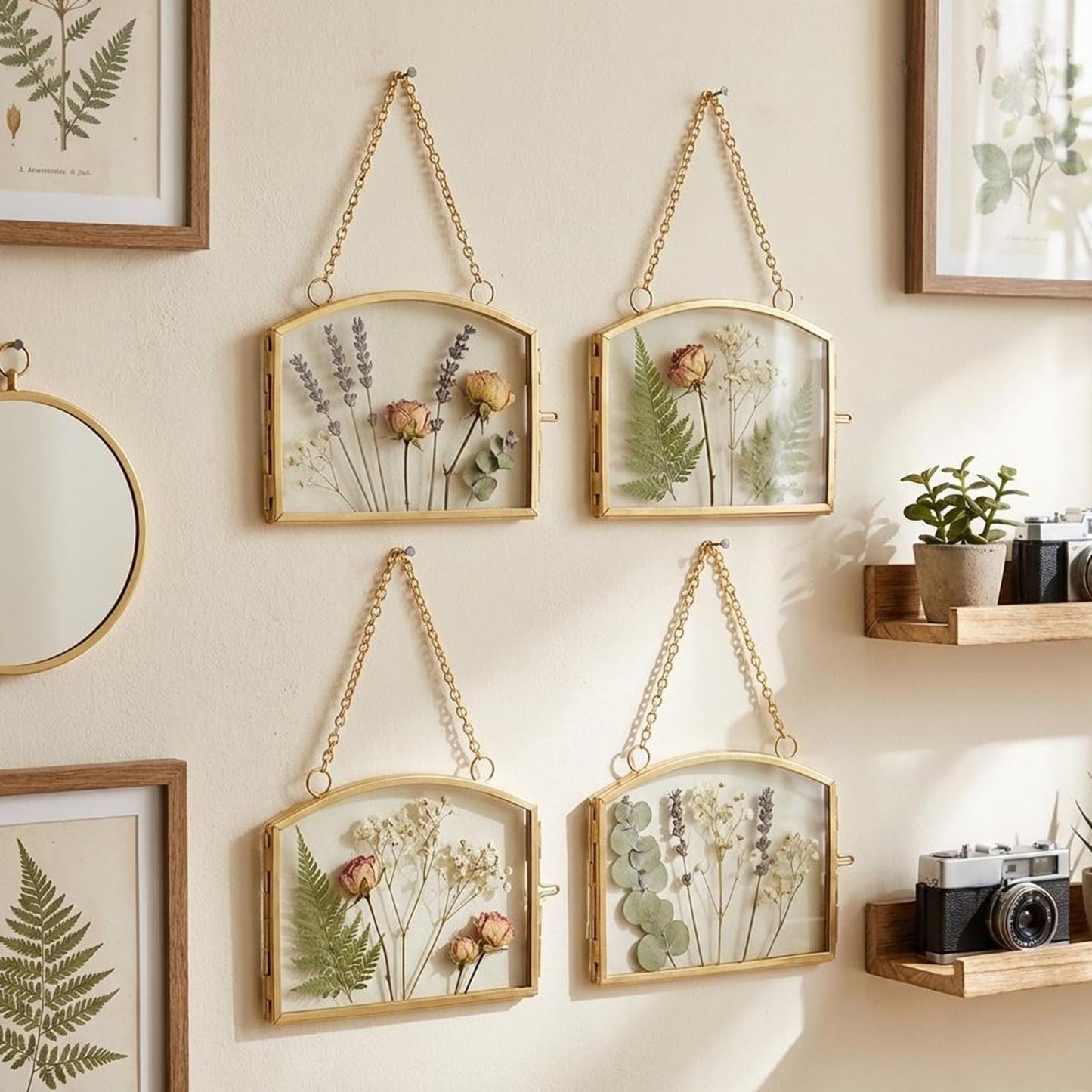 FOCHIER 4 Pcs Double Glass Frame for Pressed Flowers Floating Hanging Photo Frame 3x2 in Brass Clear Pressed Flower Decor with Chain for Display Gallery Artwork, Horizontal Vertical, Gold