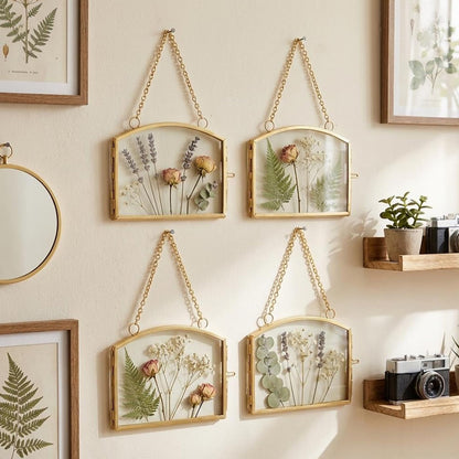 FOCHIER 4 Pcs Double Glass Frame for Pressed Flowers Floating Hanging Photo Frame 3x2 in Brass Clear Pressed Flower Decor with Chain for Display Gallery Artwork, Horizontal Vertical, Gold