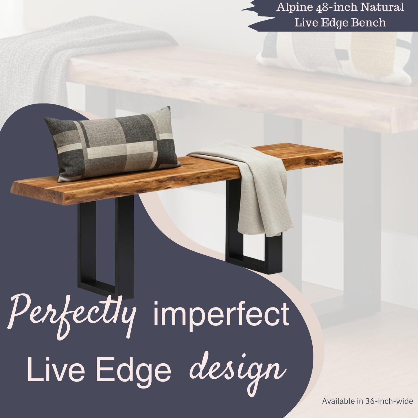 Alaterre Furniture Alpine Solid Wood Entryway Bench - 48 Inch Industrial Modern Bedroom Bench with Live Edge and Metal Legs - Furniture for Entryway, Dining Room, Kitchen, or Bedroom