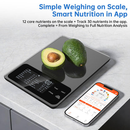Smart Food Kitchen Scale with Nutritional Calculator, 30 Nutrients App for Tracking Calories, Fat, Carbs & Protein, Personal Goals and Daily Reports, On-Screen Nutrient Info, 22lb/10Kg