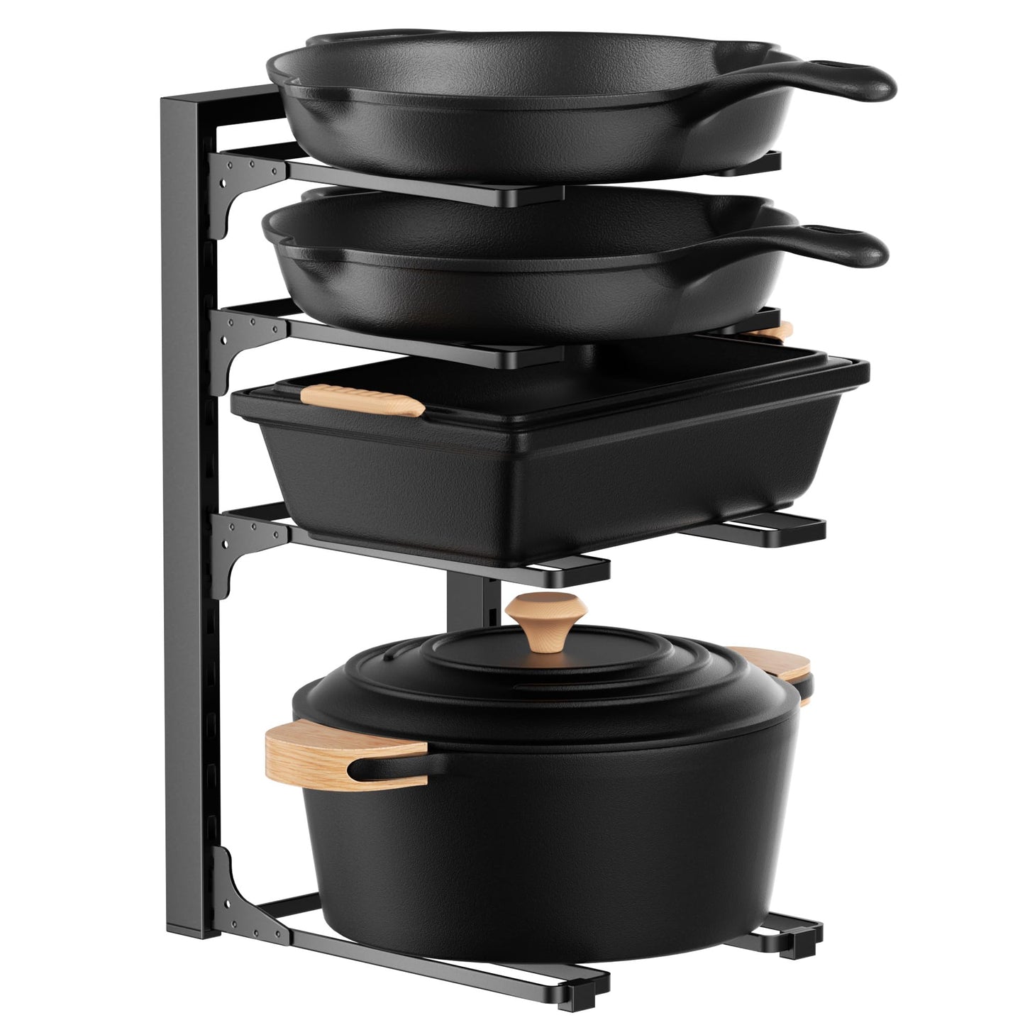MUDEELA Pots and Pans Organizer under Cabinet 15.75" Tall, 4-Tier Heavy Duty Pan Organizers inside Cabinet Kitchen Storage, Adjustable Pot Rack Holds up to 44 LB Cast Iron Skillets Shallow Cookware