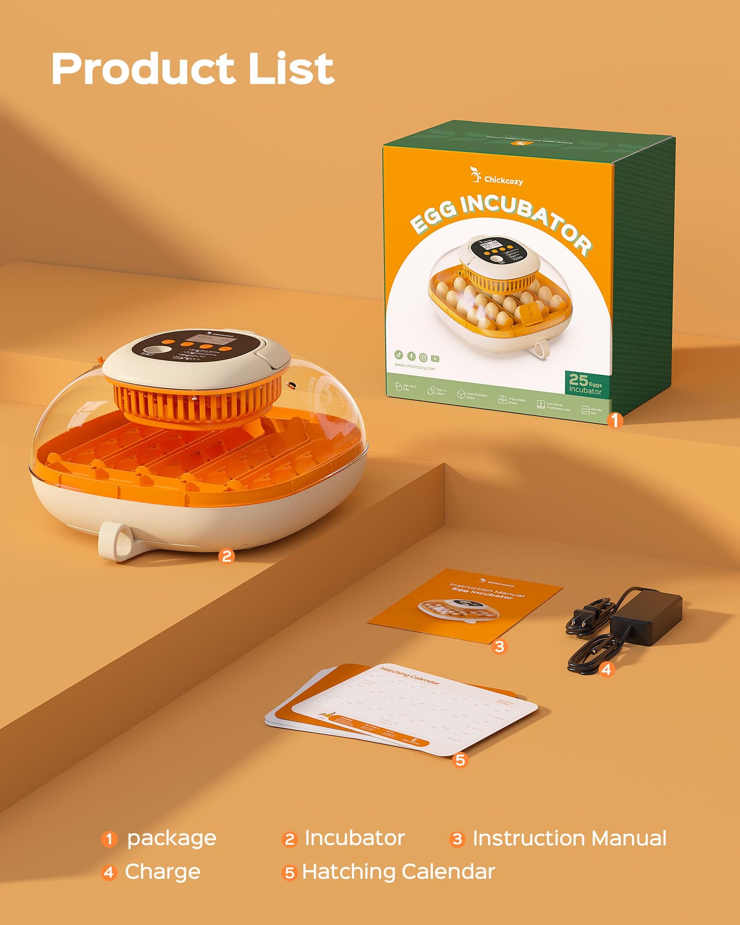 Chickcozy 25 Egg Incubator, Automatic Egg Turner with Thermometer Seat and Humidity Control, Egg Candler, 360° View with Clear Window, Incubators for Hatching Chicks (Sunlit Orange)