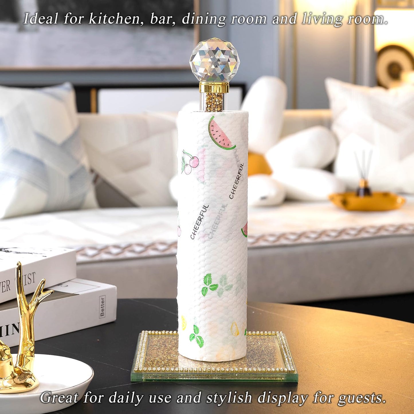 Hochance Gold Crystal Standing Paper Towel Roll Holder Countertop Weighted Rack,Glam Cute Bling Rhinestone Jeweled Diamonds Modern Decoration Christmas Housewarming Gifts for Kitchen Home Bar