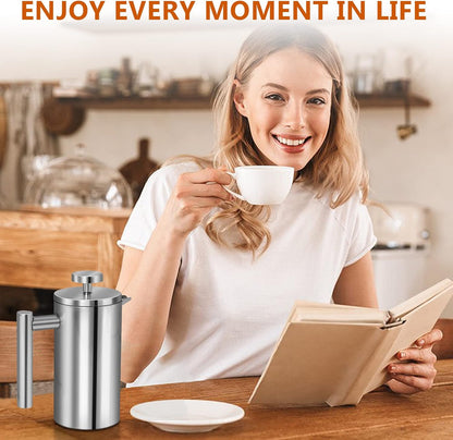 French Press, 12oz Double-Wall Insulated Coffee Maker, Stainless Steel with 3 Level Filtration System
