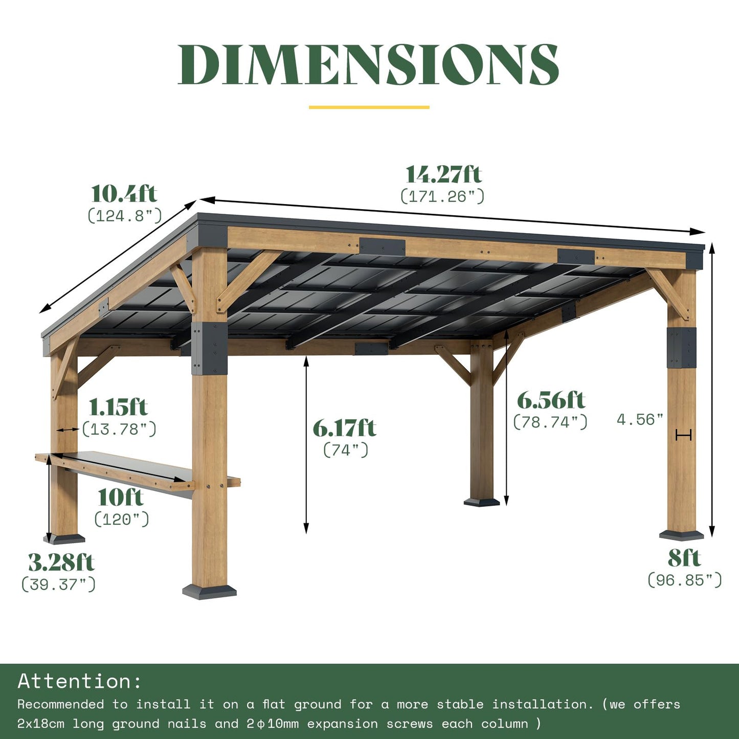 AMERLIFE 10x14 FT Spruce Wood Grill Gazebo with Bar Shelf, Hardtop BBQ Pavilion with Sloped Galvanized Steel Roof, Lean-to Outdoor Pergola for Deck, Backyard, Garden