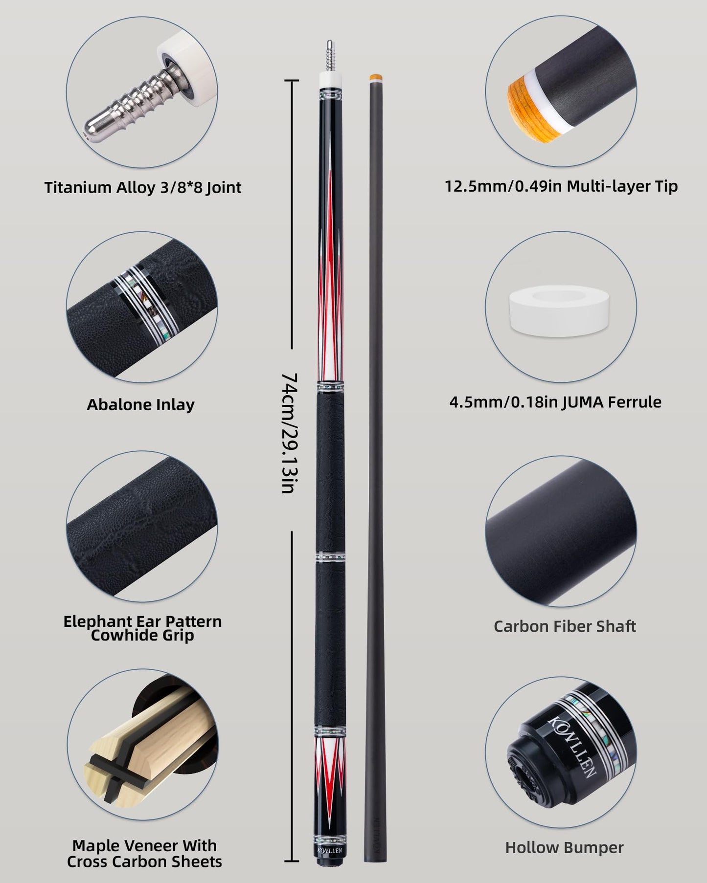 KONLLEN 2.0 Carbon Fiber Pool Cue with Professional Taper | Low Deflection Hand-Made Inlay Billiard Stick | Ultra-Smooth Shaft for Adult & League Players
