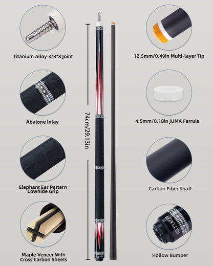 KONLLEN 2.0 Carbon Fiber Pool Cue with Professional Taper | Low Deflection Hand-Made Inlay Billiard Stick | Ultra-Smooth Shaft for Adult & League Players