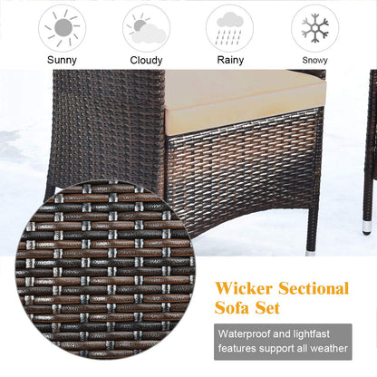 COSTWAY 8PCS Rattan Patio Furniture Set, Outdoor Wicker Rattan Chairs with Coffee Table, Rattan Cushioned Conversation Set for Backyard Balcony Porch Poolside, Brown