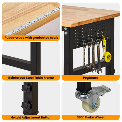 48" Adjustable Workbench, 8-Level Height Adjustable Rolling Work Table with Casters & Scale, Sit & Stand 2-in-1 Garage Tool Table with Pegboard & Hooks, for Workshop, Warehouse, DIY Projects