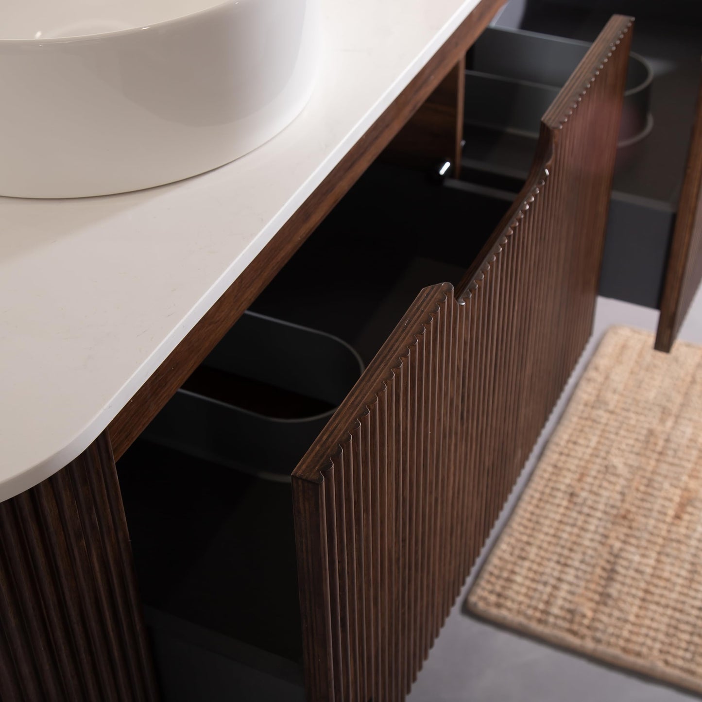 KEIKI 60" Floating Bathroom Vanity with Sink, Double Basin Wall Vanity Cabinet with Curved Edges, 2 Soft-Close Drawers, Pre-Assembled Bathroom Storage Vanity, Walnut