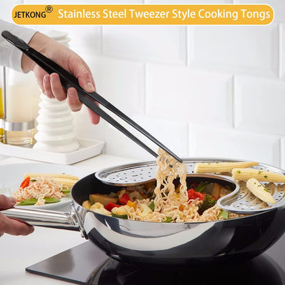 JETKONG Extra Long Kitchen Tweezers, Heavy Duty Stainless Steel Cooking Tweezers Set of 3 (9, 12, 14 Inch)