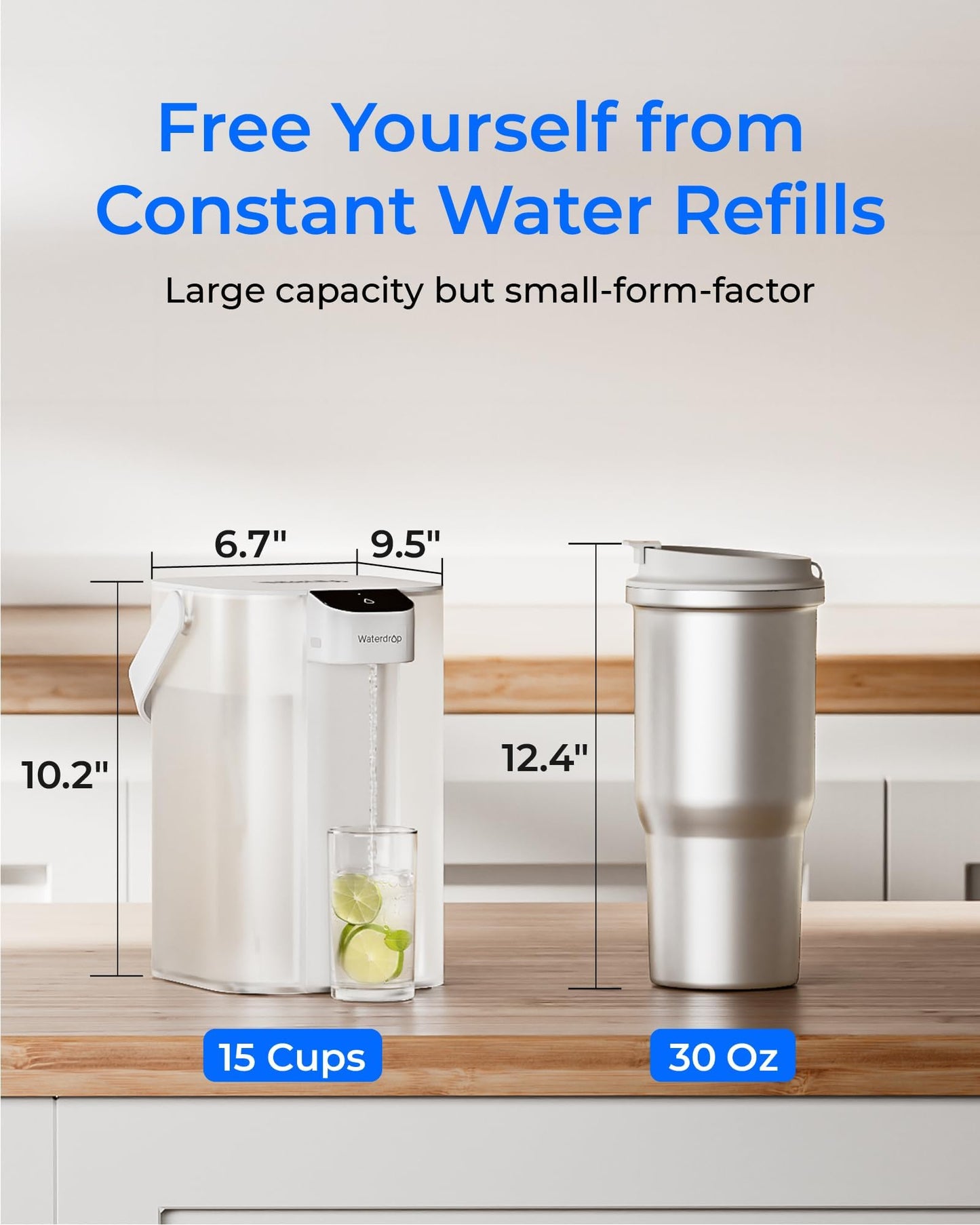 Waterdrop Electric Water Filter Pitcher, Reduce 99.6% of Lead and 45+ Impurities, 200-Gallon Rechargeable Water Dispenser, Instant 15-Cup Countertop System, NSF/ANSI 401&53&42&372, Does not Lower TDS