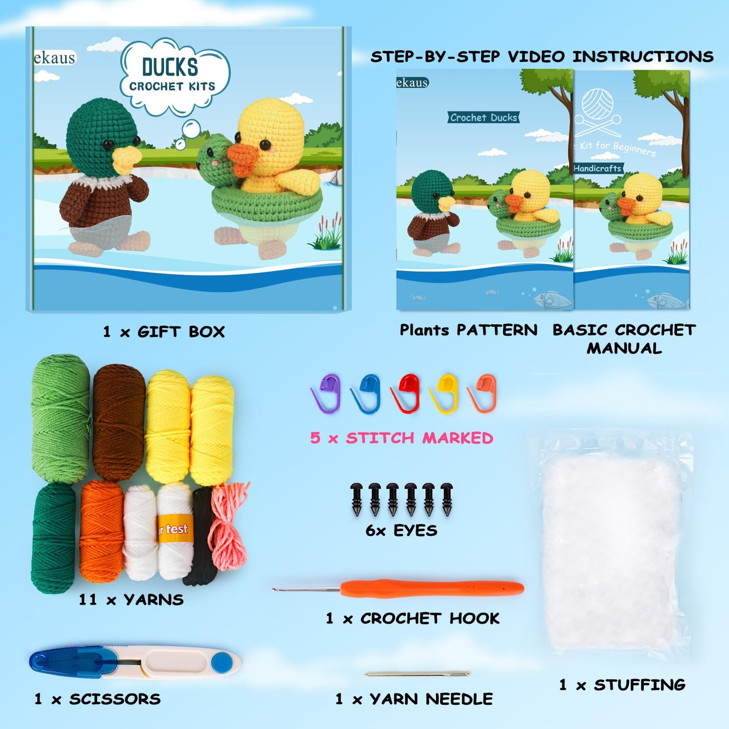 ekaus Crochet Kit for Beginners, Crochet Kit with Step-by-Step Video Tutorials, Crochet DIY Knitting Supplies for Adults, Crochet Ducks(45%+ Yarn)