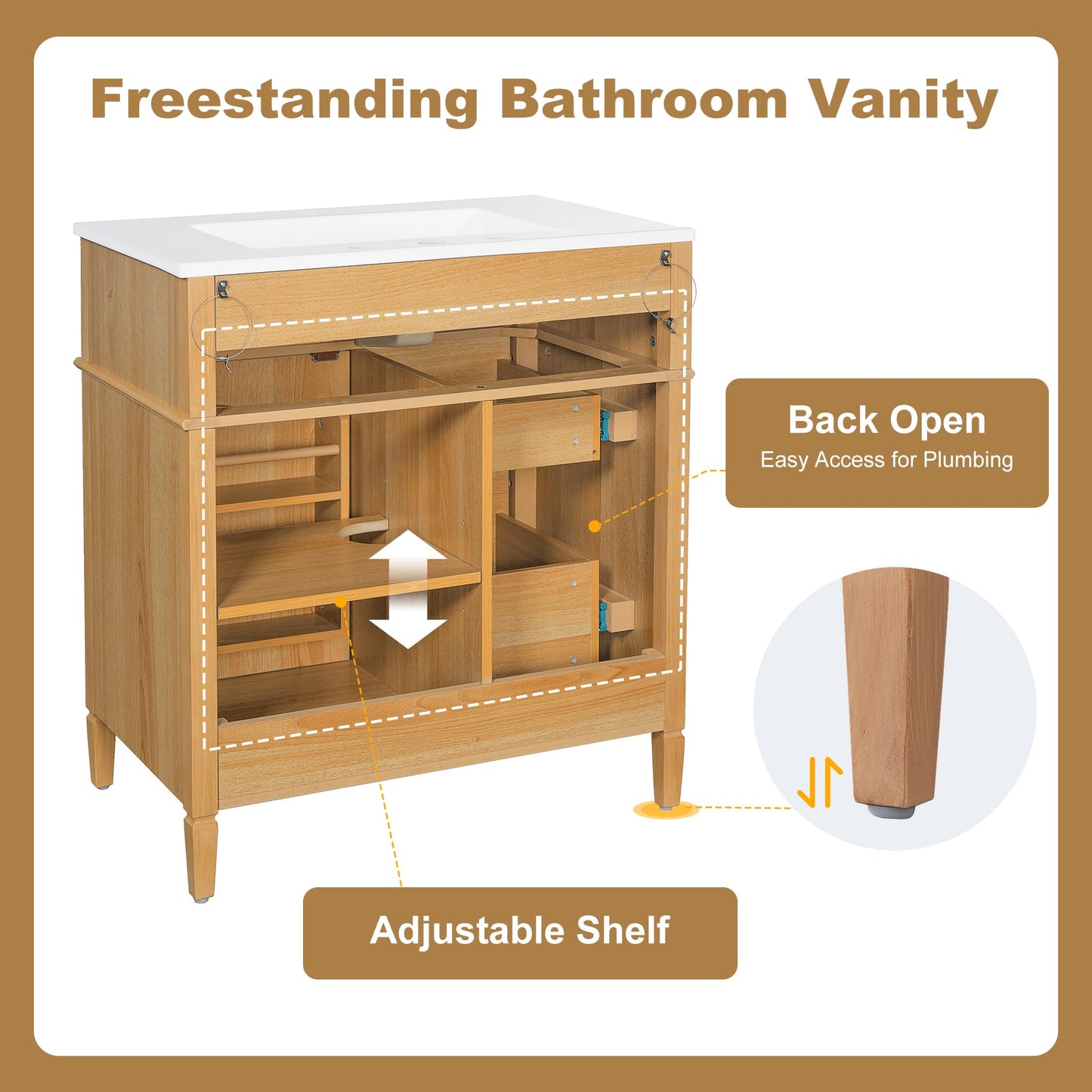 Bathroom Vanity with Sink 30 Inch, Tip-Out Drawer and Door Rack, Adjustable Shelf, Soft-Closing System, Solid Wood Legs, Wood