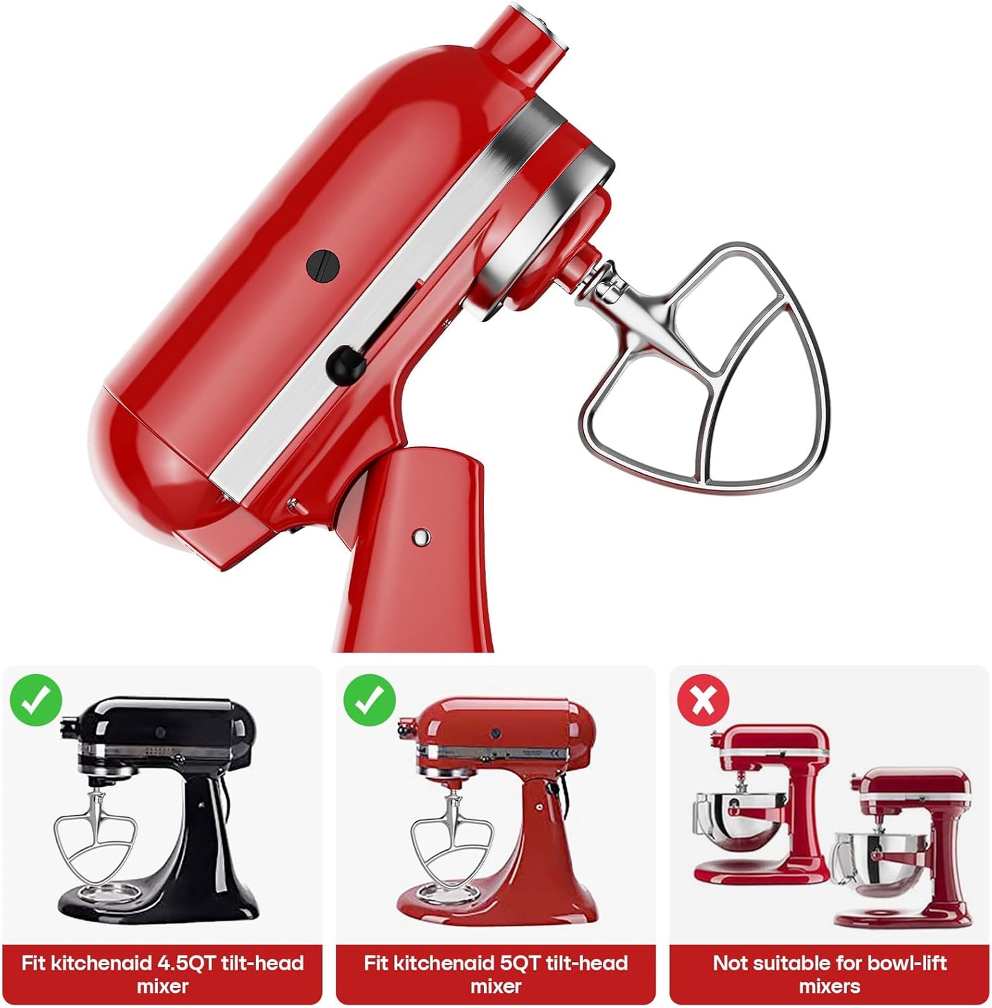 Gvode Stainless Steel Flex Edge Beater for KitchenAid Mixer, Paddle Attachment for 4.5-5 Quart Tilt-Head Bowls