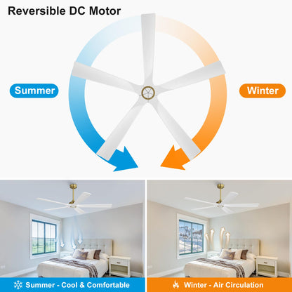 WINGBO 60 Inch Ceiling Fan without Light - 5 Carved Solid Wood Blades, 6-Speed Reversible DC Motor, Noiseless Remote Control Ceiling Fan No Light for Bedroom Living Room Kitchen, Gold and White