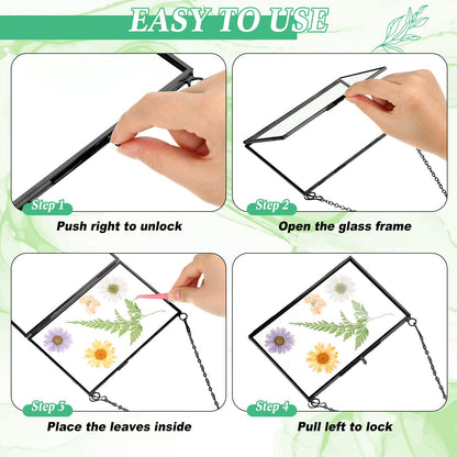 Geetery 9 Pcs Glass Frame for Pressed Flowers 6x4 4x6 6x6 in Black Hanging Picture Frames Metal Floating Double Glass Display Frame with Chain for Dried Flower Plant Specimen DIY Artwork Wall Decor
