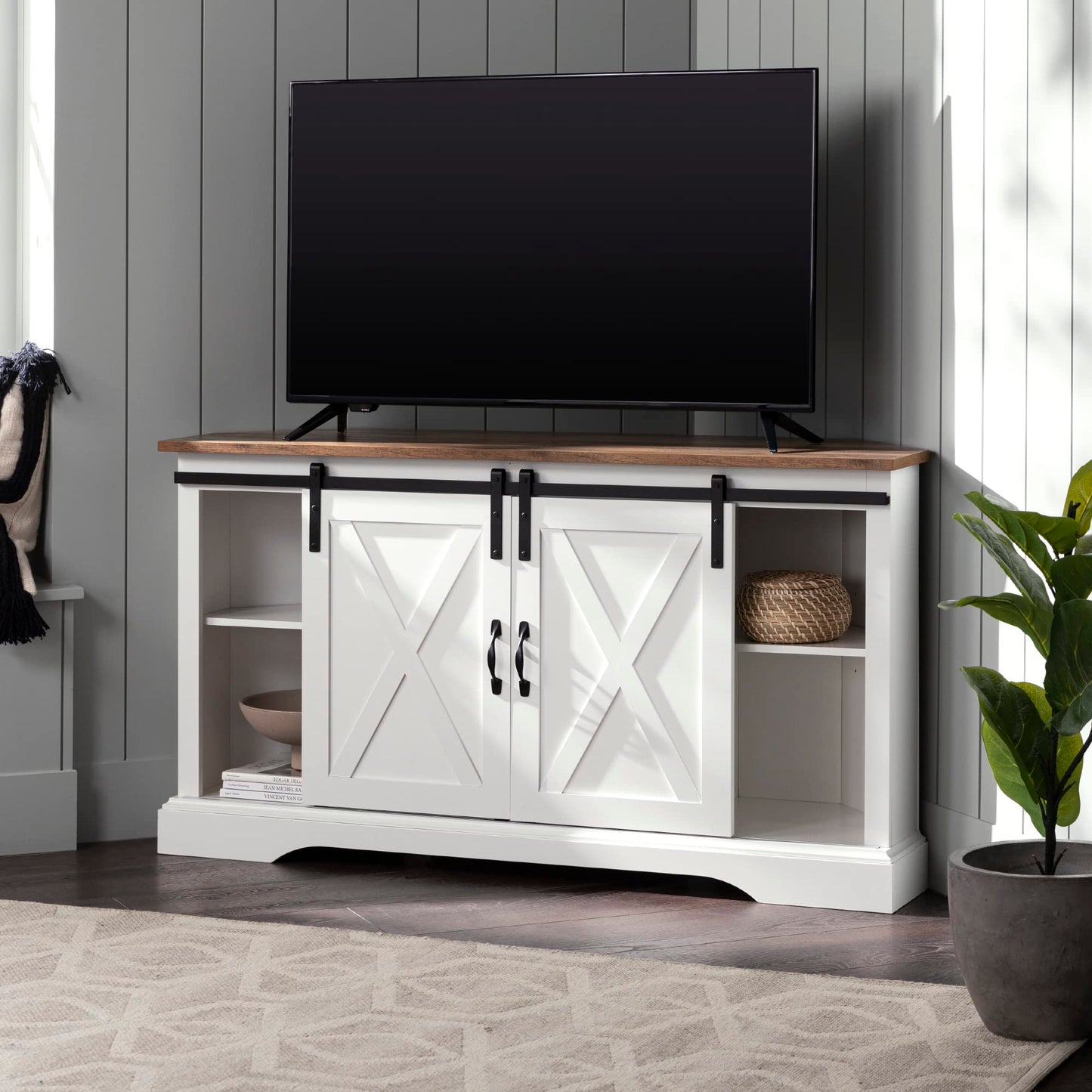 Walker Edison Everette Modern Farmhouse Double Sliding X Barn Door TV Stand for TVs up to 58 Inches 52 Inch Reclaimed Barnwood and Solid White
