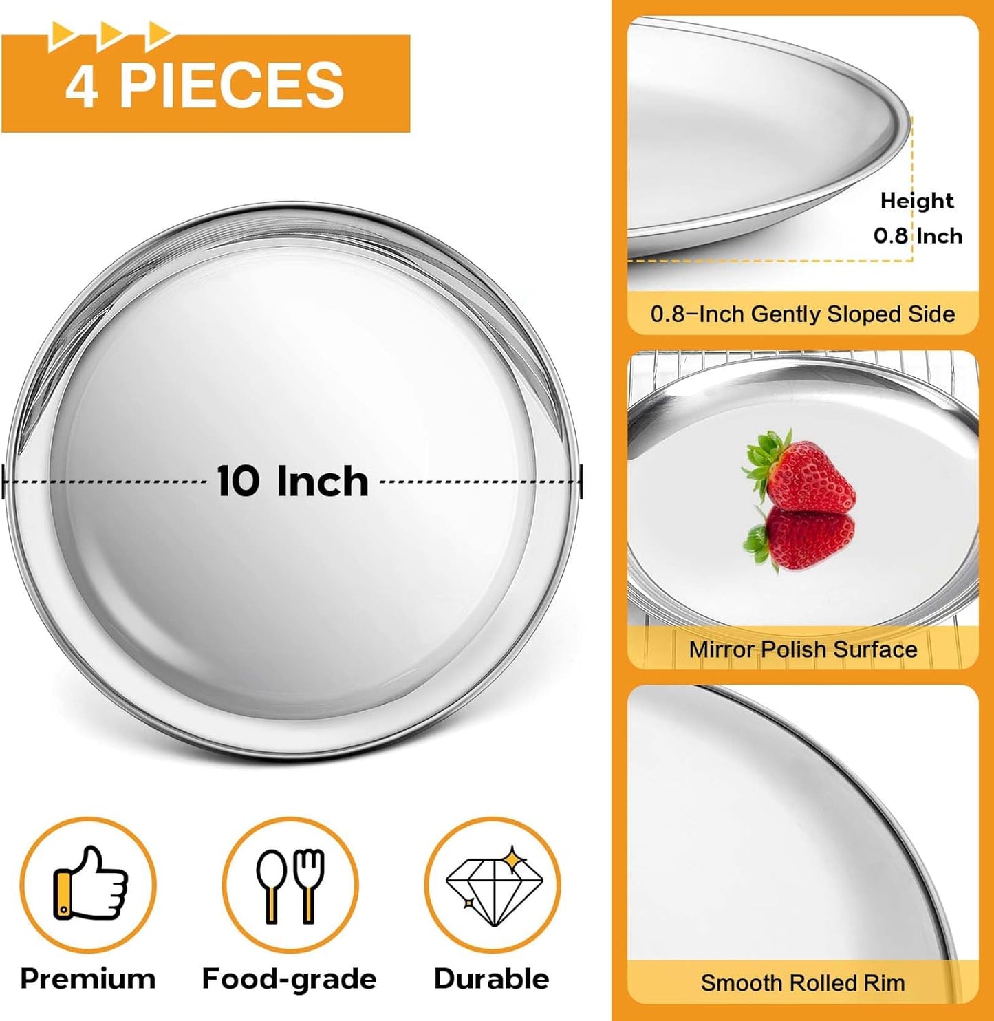 P&P CHEF 10 Inch Pizza Pans (4 Pieces), Round Stainless Steel Pizza Baking Sheet, Non-toxic & Easy Cleaning, Oven &