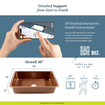 Sinkology Orwell 30 Inch Undermount Copper Kitchen Sink Single Bowl – Handcrafted Solid Pure Copper, Hand-Hammered Finish, Includes Bottom Grid, Drain, & Care Kit, Fits 33 Inch Cabinet