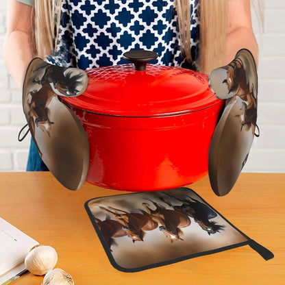 Oven Mitts and Potholders, Animal Horse Elegant Running Horse in Desert Sand Storm Baking Glove and Pot Holder, 3-Piece