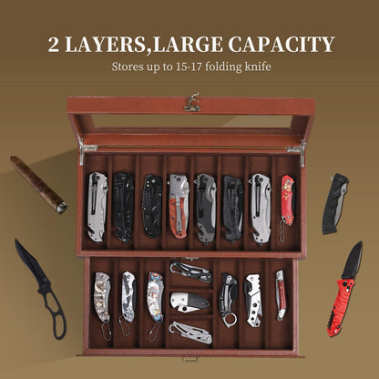 AUTOARK 2-Tier PU Leather & Velvet Knife Organizer with 17 Slots,Transparent Glass Top & Drawer,Compact Storage for Pocket Knives,Perfect for Men's Collections & Gifts,Coffee,MKAW012