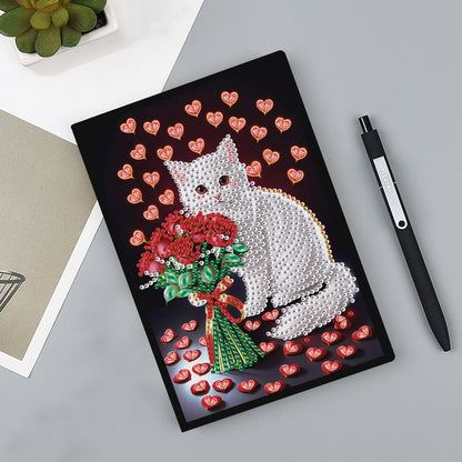 SHEGZHUC Diamond Painting Notebook Journal A5 Blank 14.5x21cm/5.7×8.26in Diamond Painting Composition Journaling Notebooks Notepad Sketchbook Diary Special Drills Girls Gifts || Cat Rose Heart Flowers