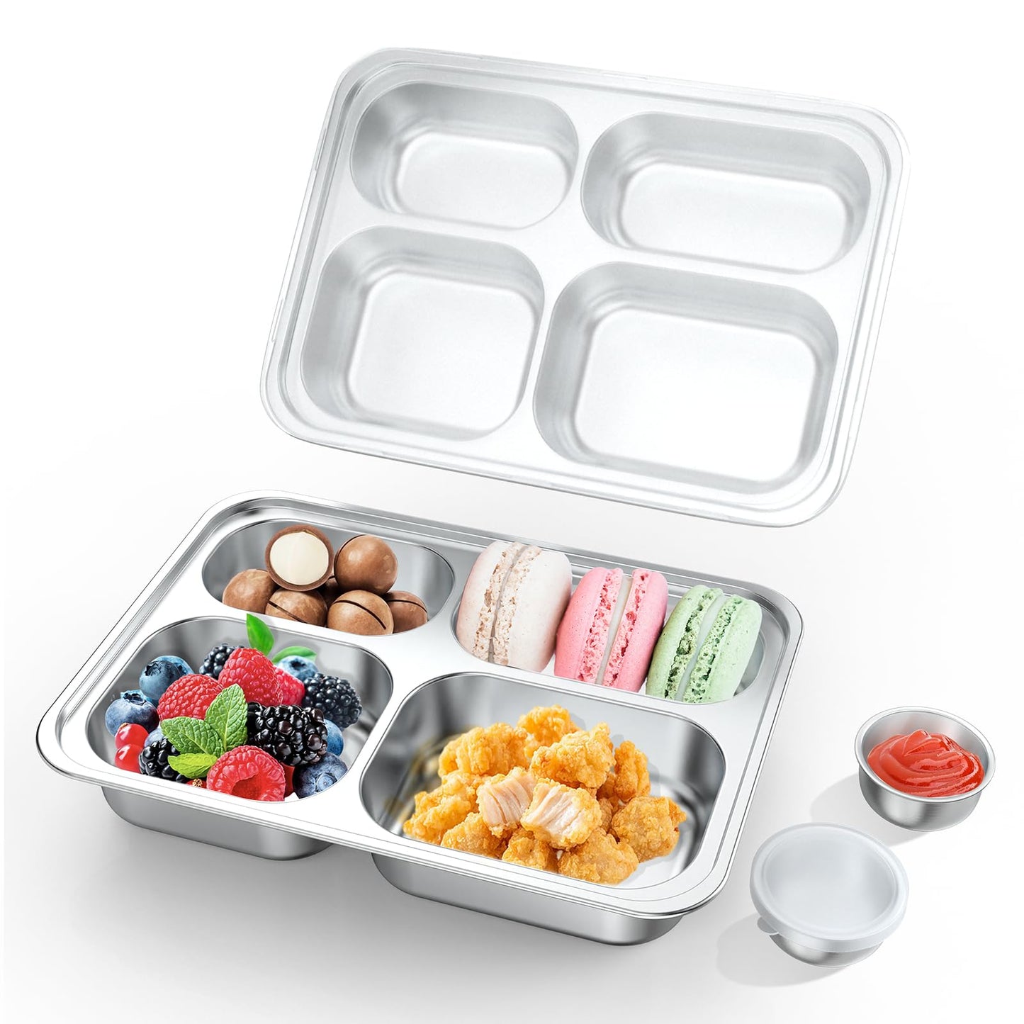 Bakpoco Stainless Steel Divided Plate for Kids Toddler, Non Toxic Portion Control Plate Dinner Plate with Lid for Adults Weight Loss, 2 Pack 4 Sections Rectangular Snack Plate Tray