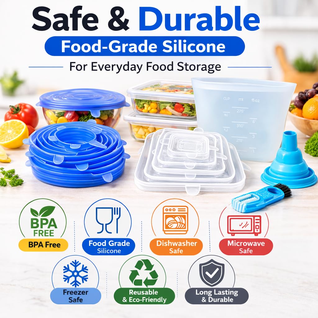 IZEM Premium Reusable Silicone Stretch Lids Set – 12 Pack (6 Round Blue + 6 Rectangle White) BPA-Free, Airtight & Leakproof Bowl Covers + 500ml Silicone Bag, Funnel & Brush