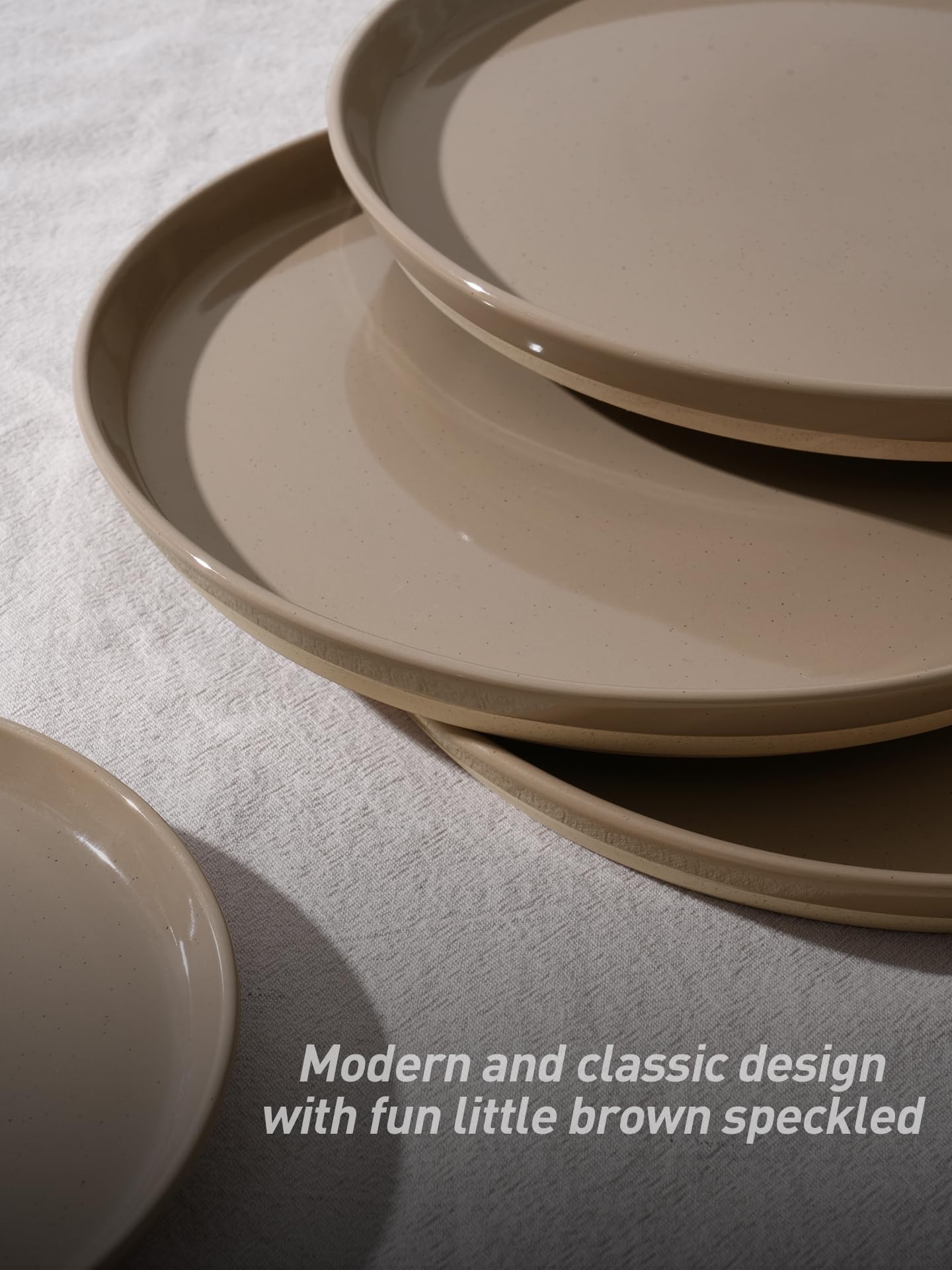 Famiware Saturn 16 Pieces Plates and Double Bowls Sets for 4, Stoneware Dinnerware Set with Pasta Bowl, Dish Set with Trim - Chip & Scratch Resistant, Microwave & Dishwasher Safe, Cinnamon Brown