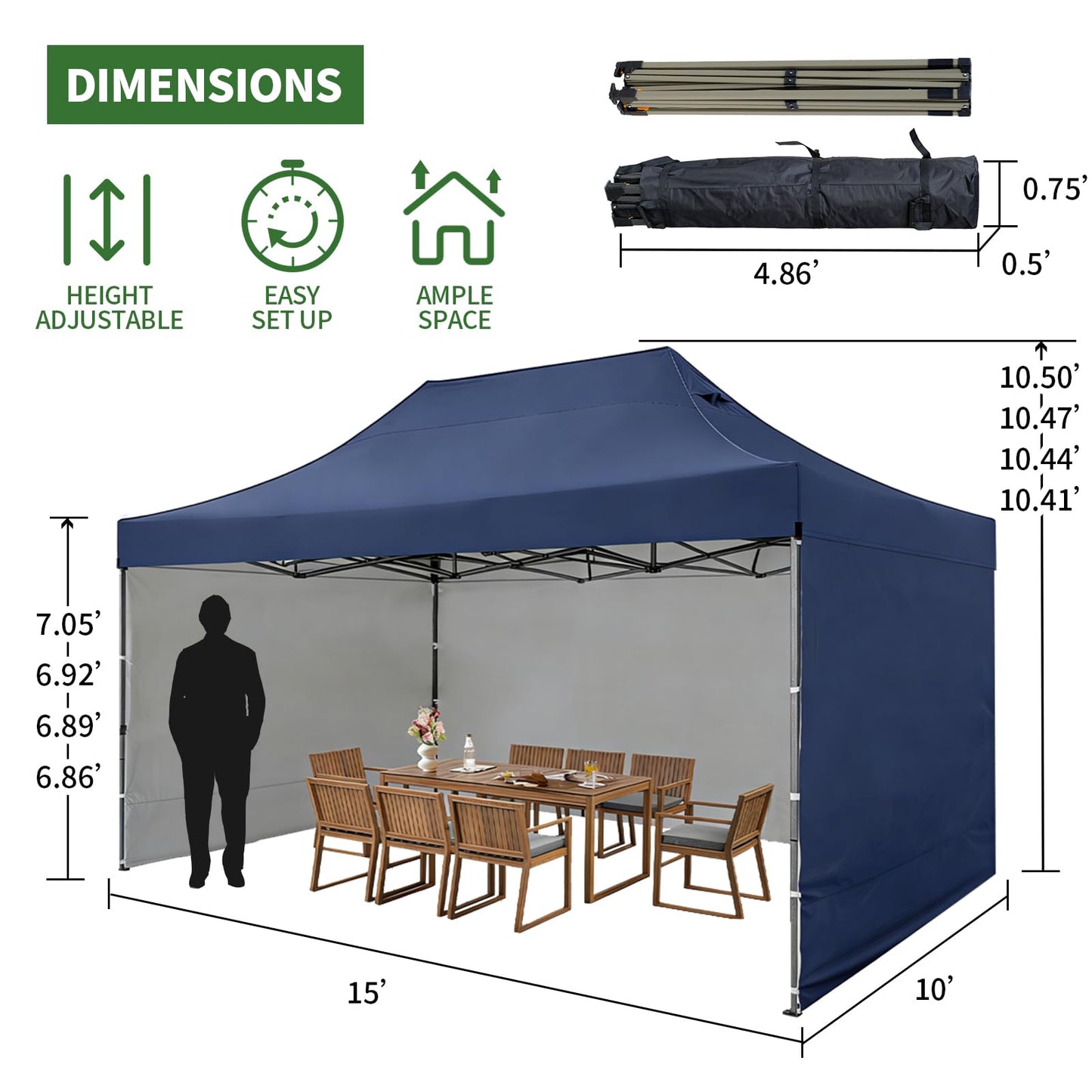 10x15 Heavy Duty Pop Up Canopy Tent, Outdoor Commercial Easy Up Canopy Outdoor Party Tents with 3 Removable sidewalls and Wheeled Bag for Events, Parties, Weddings (Navy Blue)