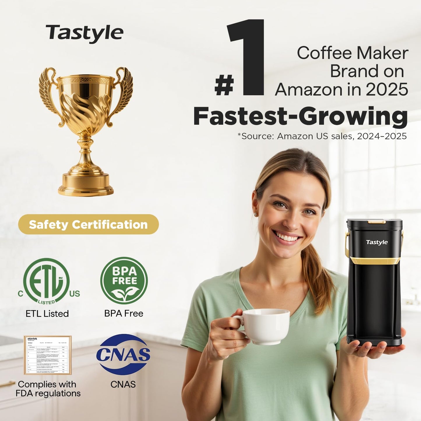 Tastyle Single Serve One Cup Coffee Maker, for K Cups and Grounds, Mini Coffee Maker with Portable Handle, 6 to 12 Oz Brew Size, for Travel, Camping, Office, RV and Dorm, 120V, Black and Gold