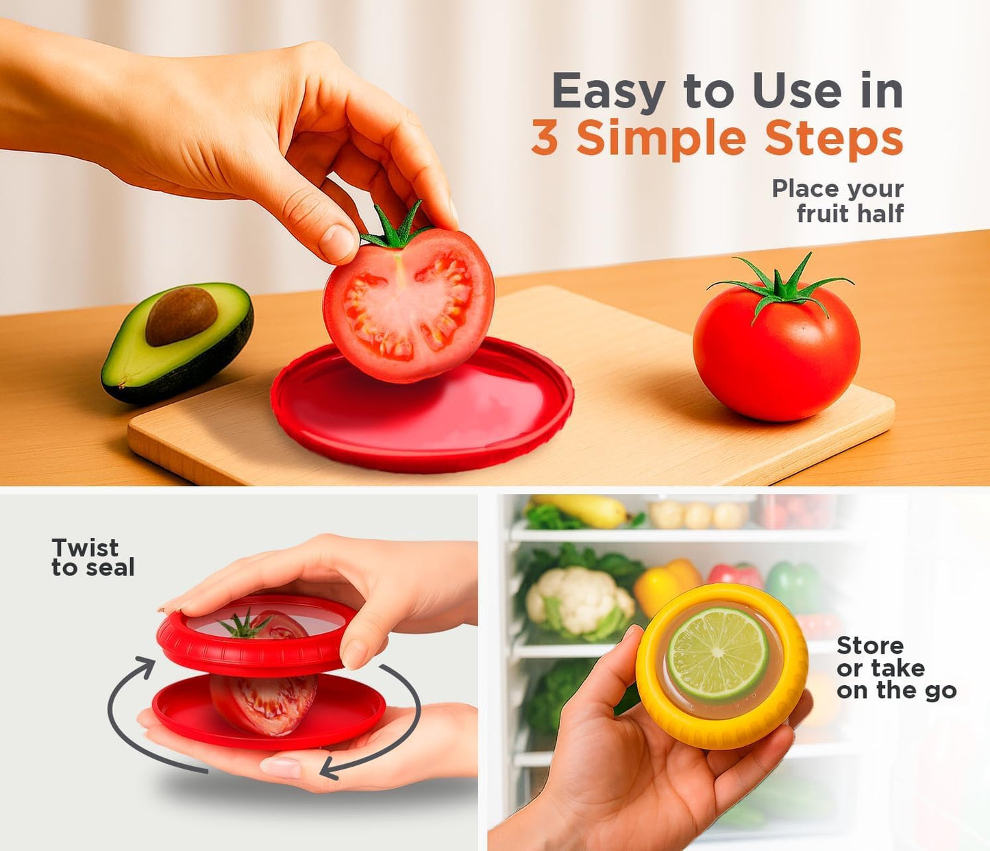 MAJESTY WORLD Anti-Oxidation Silicone Fruit and Vegetable Storage Box, Fresh Stretch Pod, Set of 4 Reusable Storage Containers for fridge | Avocado Saver, Tomato, Apple, Onion Holder, Fridge pods