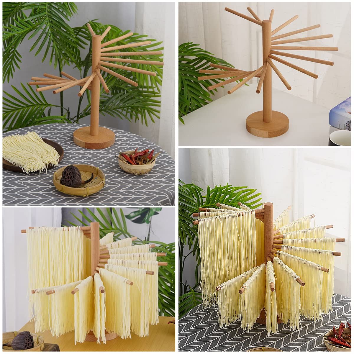 Collapsible Pasta Drying Rack Wooden Spaghetti Stand Dryer with 16 Suspension Rods Homemade Fresh Noodle Hanger Easy Storage(Log Color)