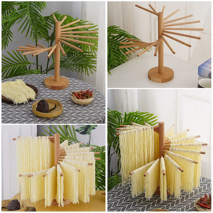 Collapsible Pasta Drying Rack Wooden Spaghetti Stand Dryer with 16 Suspension Rods Homemade Fresh Noodle Hanger Easy Storage(Log Color)