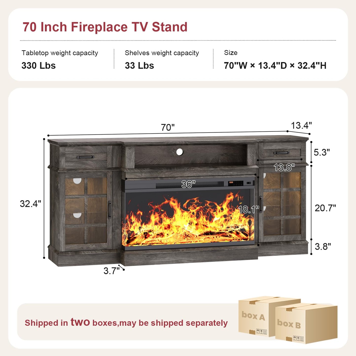 MXV 70" Fireplace TV Stand, 3-Sided Glass Fireplace and Modern Entertainment Center, Wooden Media Console with Glass Doors & Storage Drawers, LED Light, for Living Room, Grey