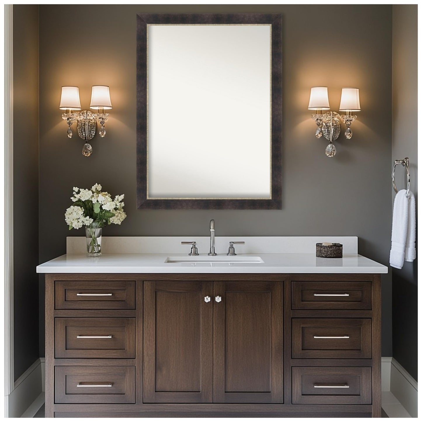 Amanti Art Bronze Bathroom Mirror for Over Sink, 32x43 Odin Antique Bronze Rectangle Vanity Mirror, X-Large Modern Wood Frame, Hangs Horizonally and Vertically, Bathroom Wall Decor, Non-Beveled Edge